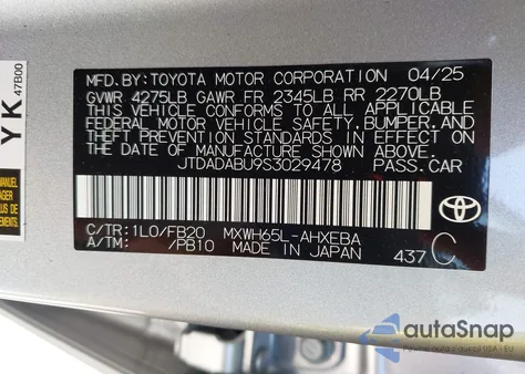 2025 Toyota Prius Le Awd-E from USA, damaged, VIN JTDADABU9S3029478